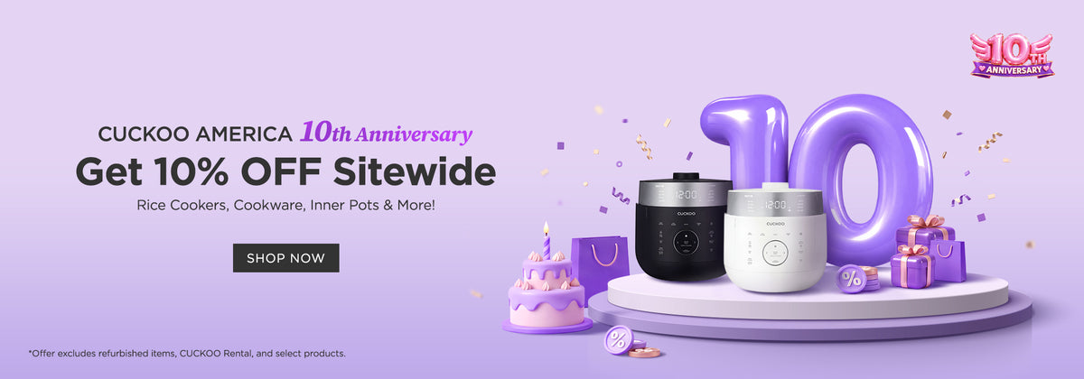 Promotional banner for Cuckoo America's 10th Anniversary, featuring two Cuckoo rice cooker products on a white pedestal against a lavender background with large purple '10' numbers, gift boxes, and a 'Get 10% Off Sitewide' text overlay.