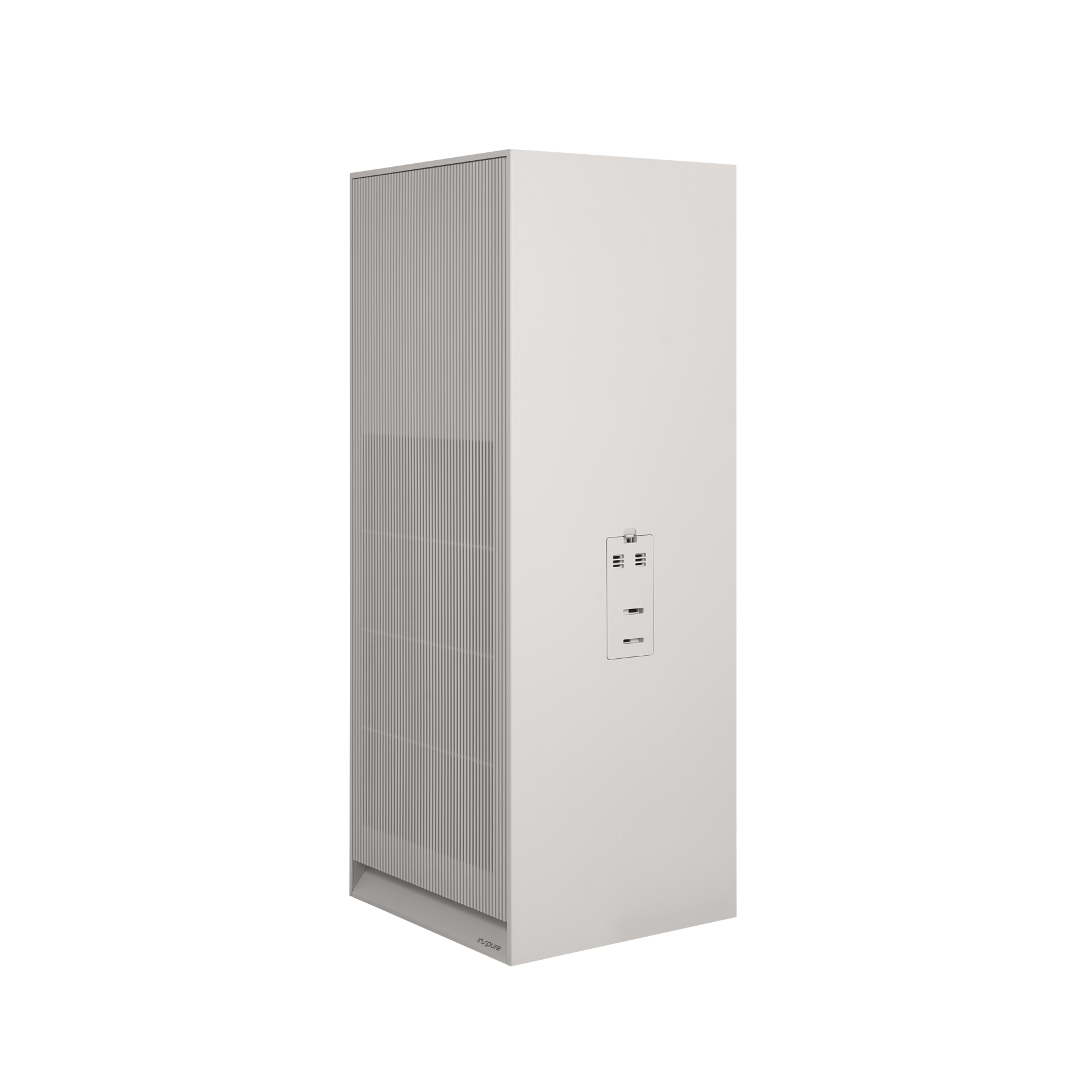 Side view of an Earth Warm White Inspure Heritage air purifier, showing its minimalist design and side panel. (CAC-AH2810FNW)