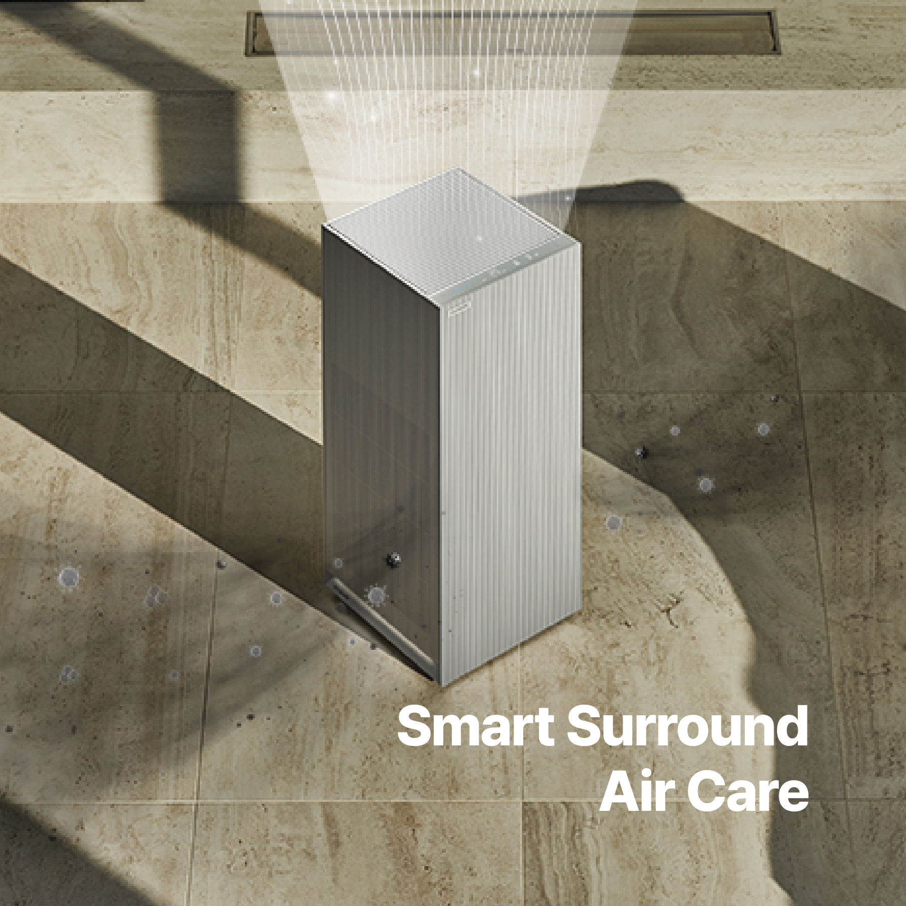 Inspure Heritage air purifier emitting air upward, with graphic indicators of clean air and text: "Smart Surround Air Care." (CAC-AH2810FNW)