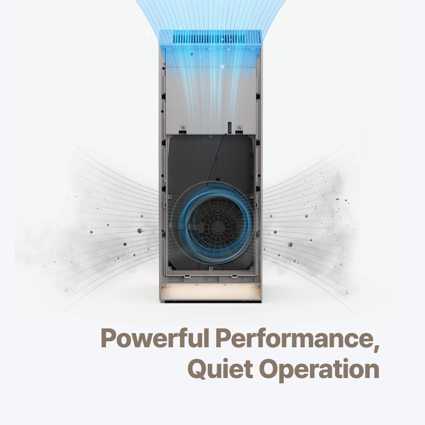 Open air purifier showing dirty air drawn in and clean air blown out. Text: "Powerful Performance, Quiet Operation" (CAC-AH2810FNW)