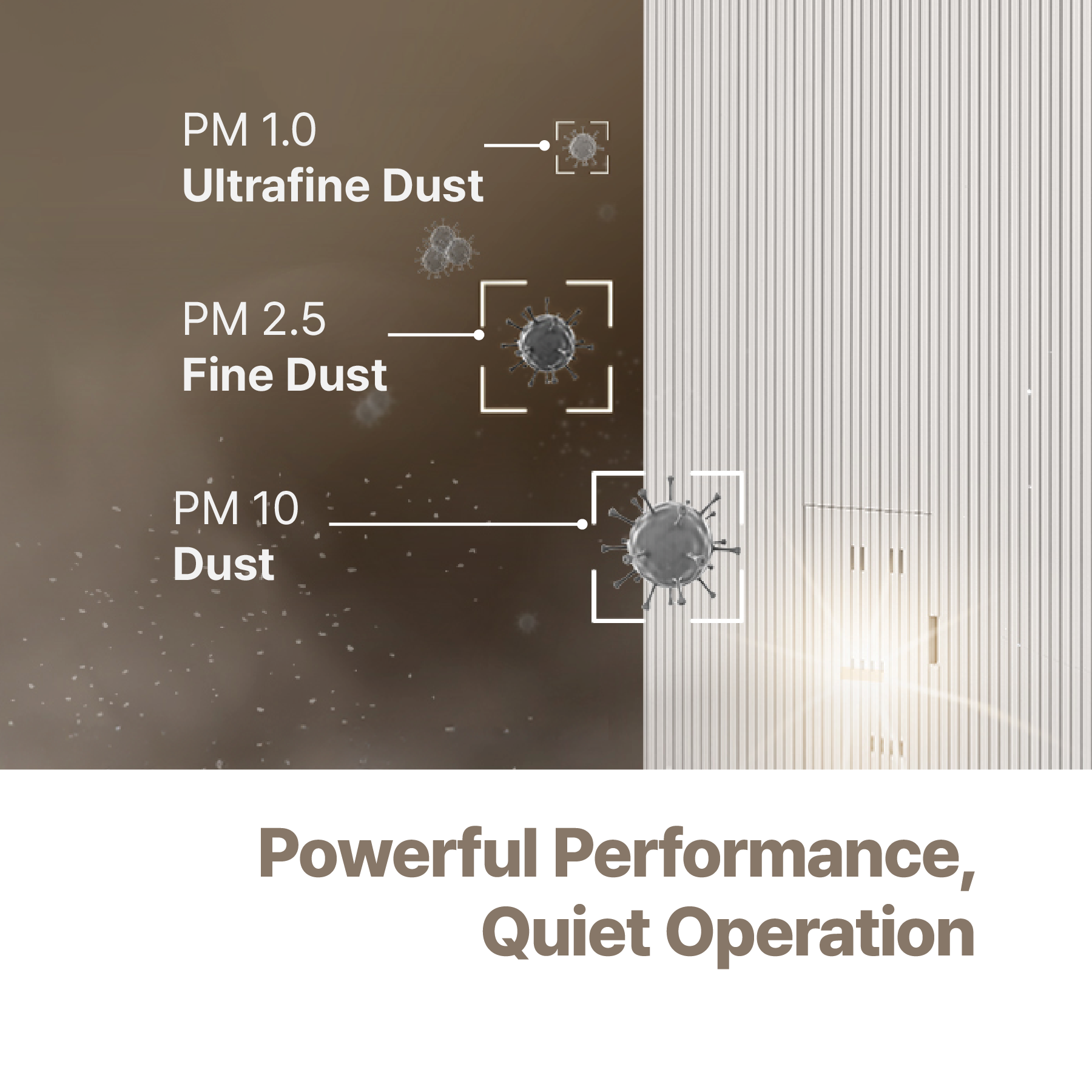 Graphic showing the air purifier filtering PM 1.0, PM 2.5, and PM 10 dust. Text: "Powerful Performance, Quiet Operation." (CAC-AH2810FNW)