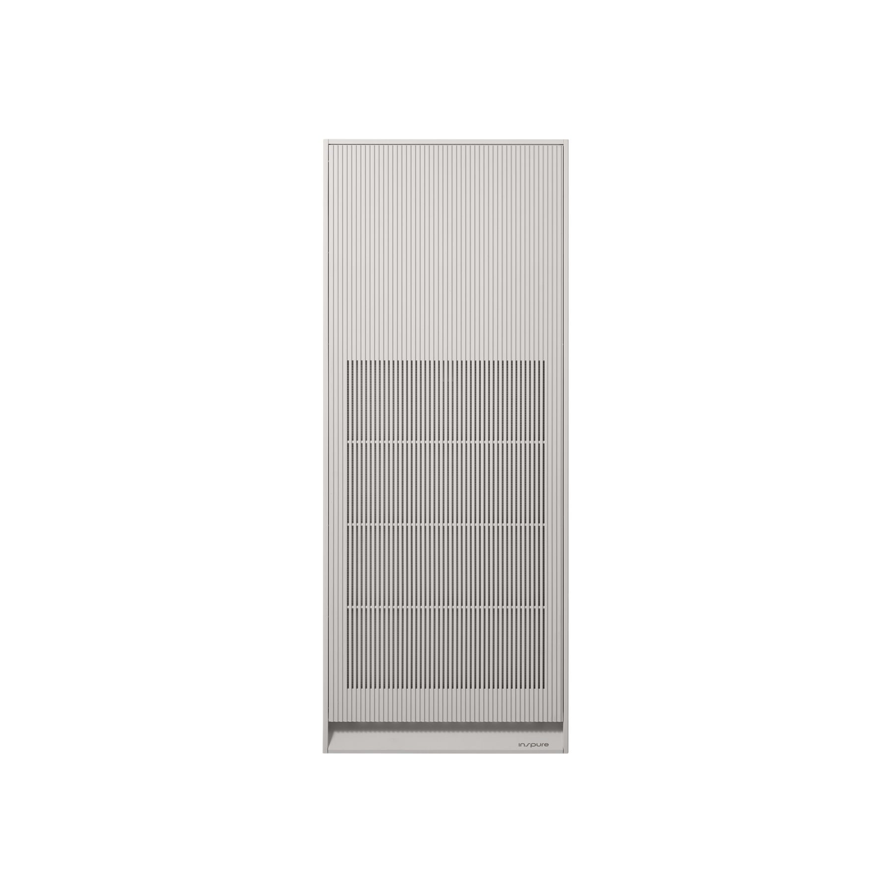 Front view of an Earth Warm White Inspure Heritage air purifier with a vertical ribbed panel design. (CAC-AH2810FNW)