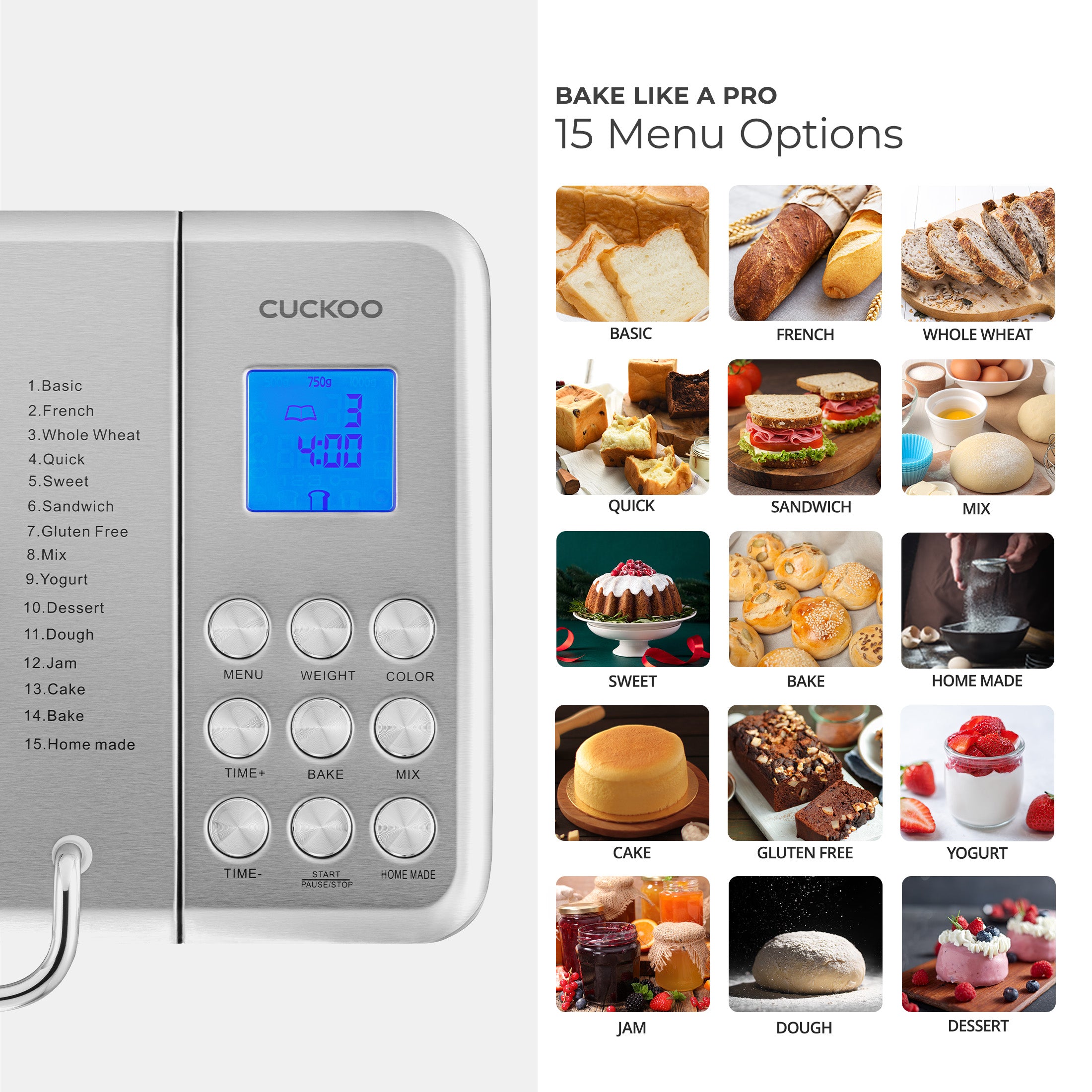 Bread Maker (CBM-AAB101S) Automatic with 15 Menu Options, 3 Crust Colors, and Up to 2lb Loaf Capacity