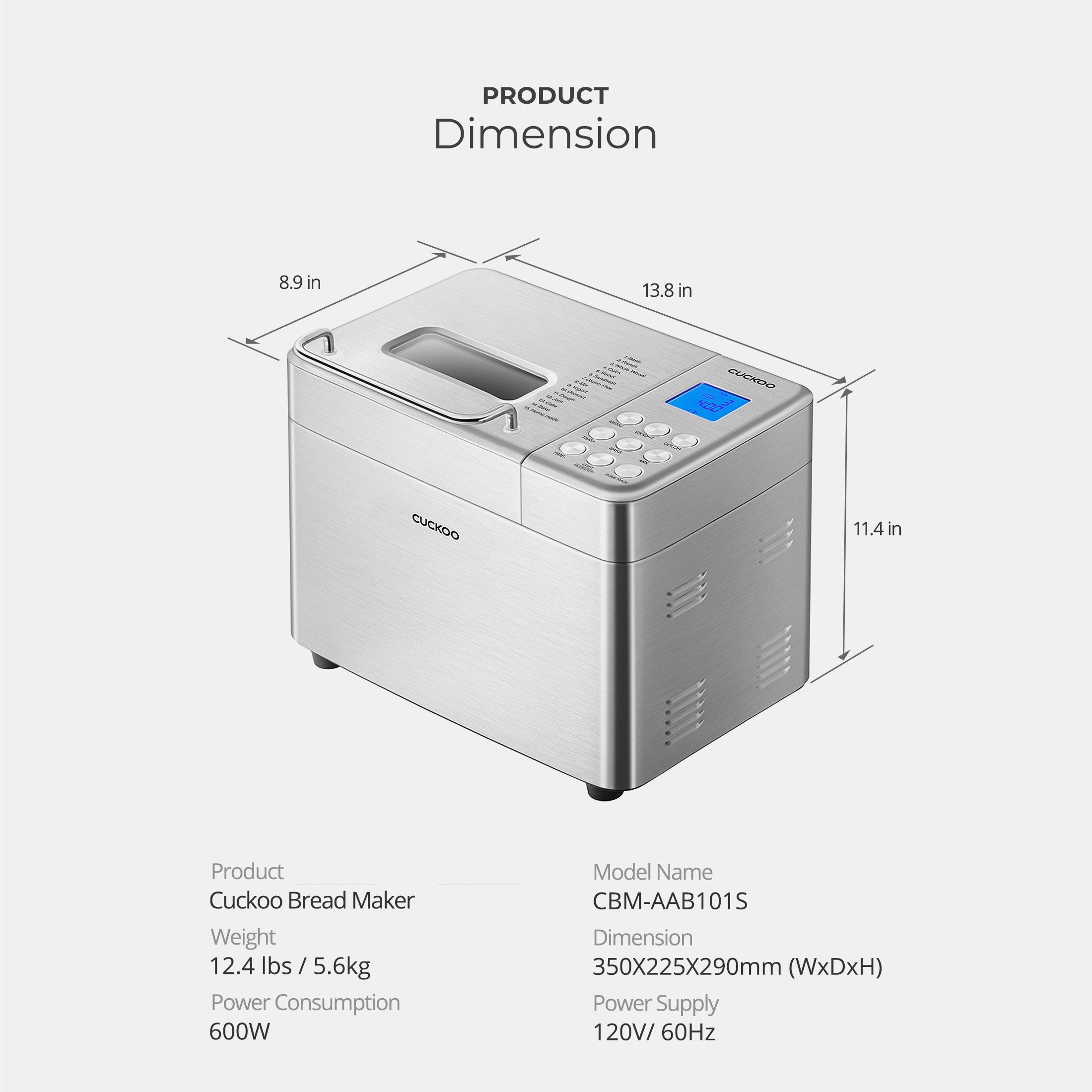 Bread Maker (CBM-AAB101S) Automatic with 15 Menu Options, 3 Crust Colors, and Up to 2lb Loaf Capacity