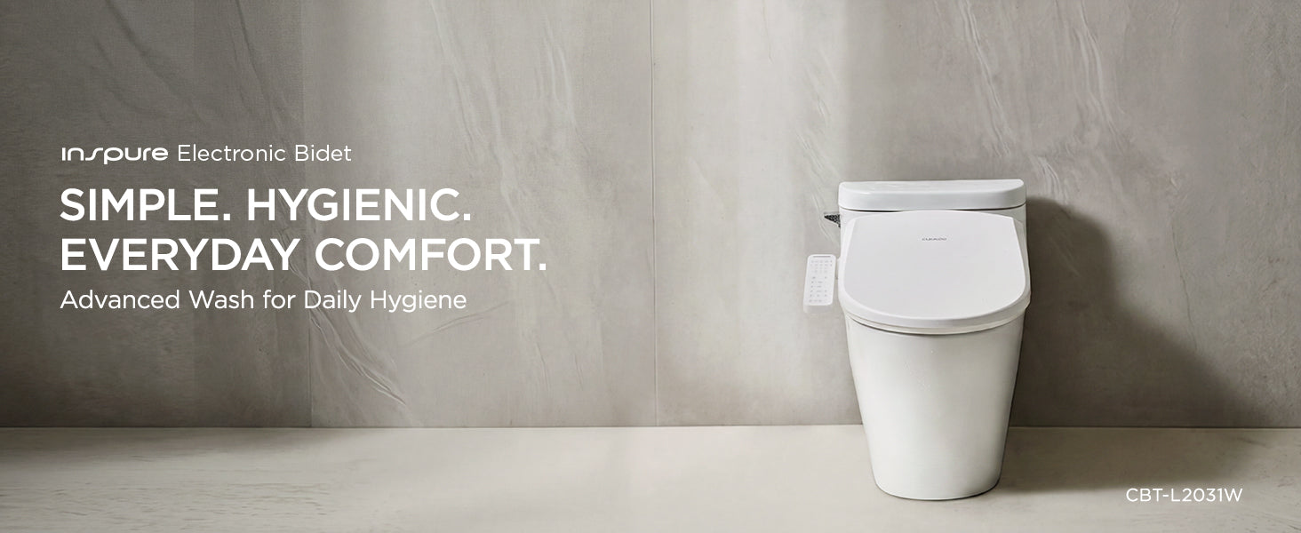A white Inspure Electronic Bidet toilet seat and lid are shown installed on a white toilet in a minimalist bathroom setting with a textured gray wall and light floor. White text on the left reads 'inspire Electronic Bidet' and 'SIMPLE. HYGIENIC. EVERYDAY COMFORT.