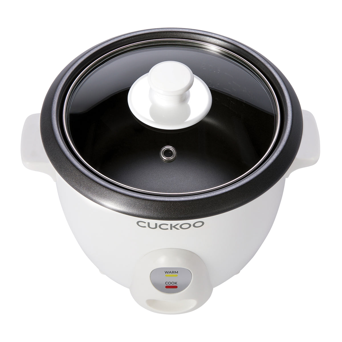 Front-high image of the rice cooker with the glass lid attached (CR-0301C).