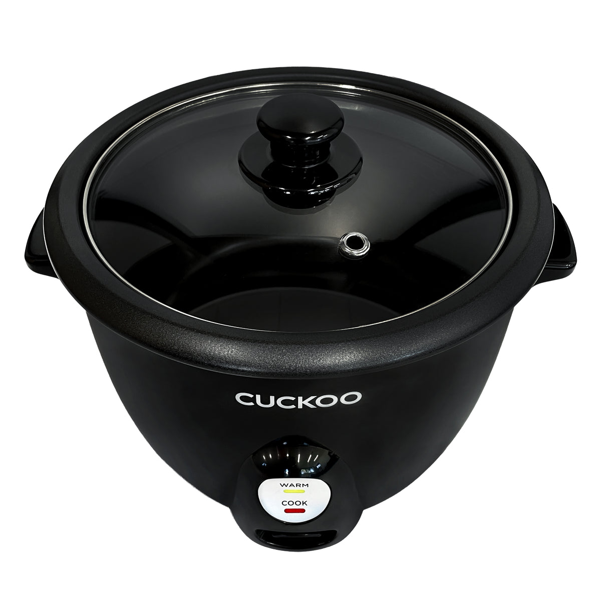 Front-high image of the rice cooker with the glass lid attached.