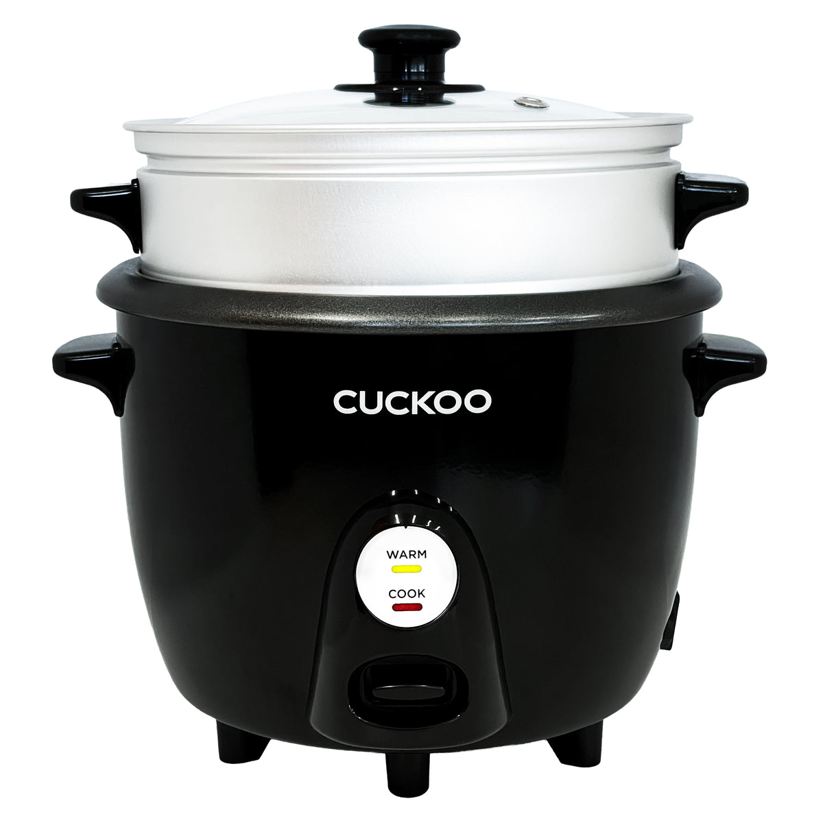 A Cuckoo rice cooker with a black body, a silver steam tray, a black non-stick inner pot rim, and a clear glass lid with a white handle, shown on a solid white background (CR-0601).