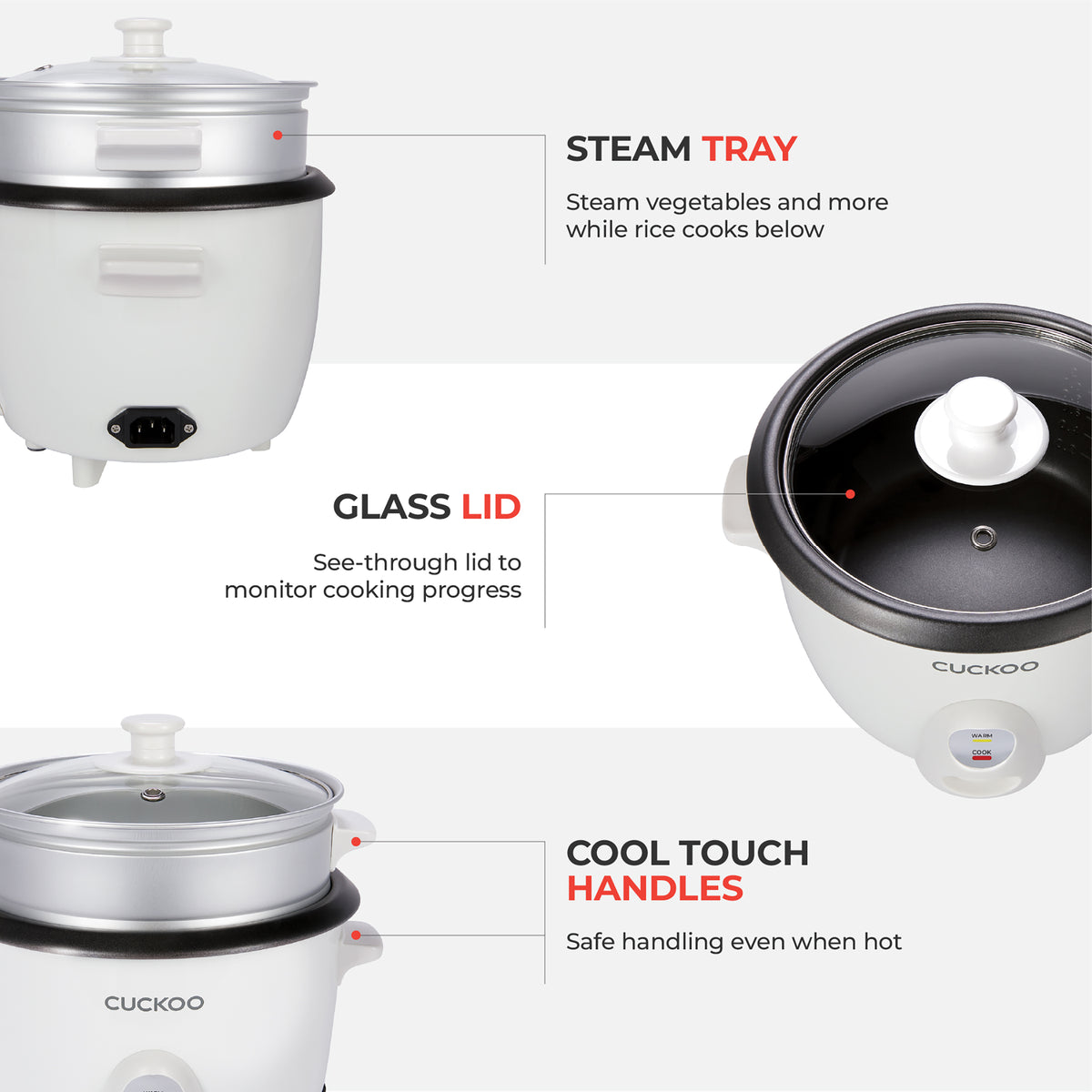 Cuckoo rice cooker features: steam tray for simultaneous cooking, clear glass lid, and safe cool-touch handles for easy use. (CR-0601C)