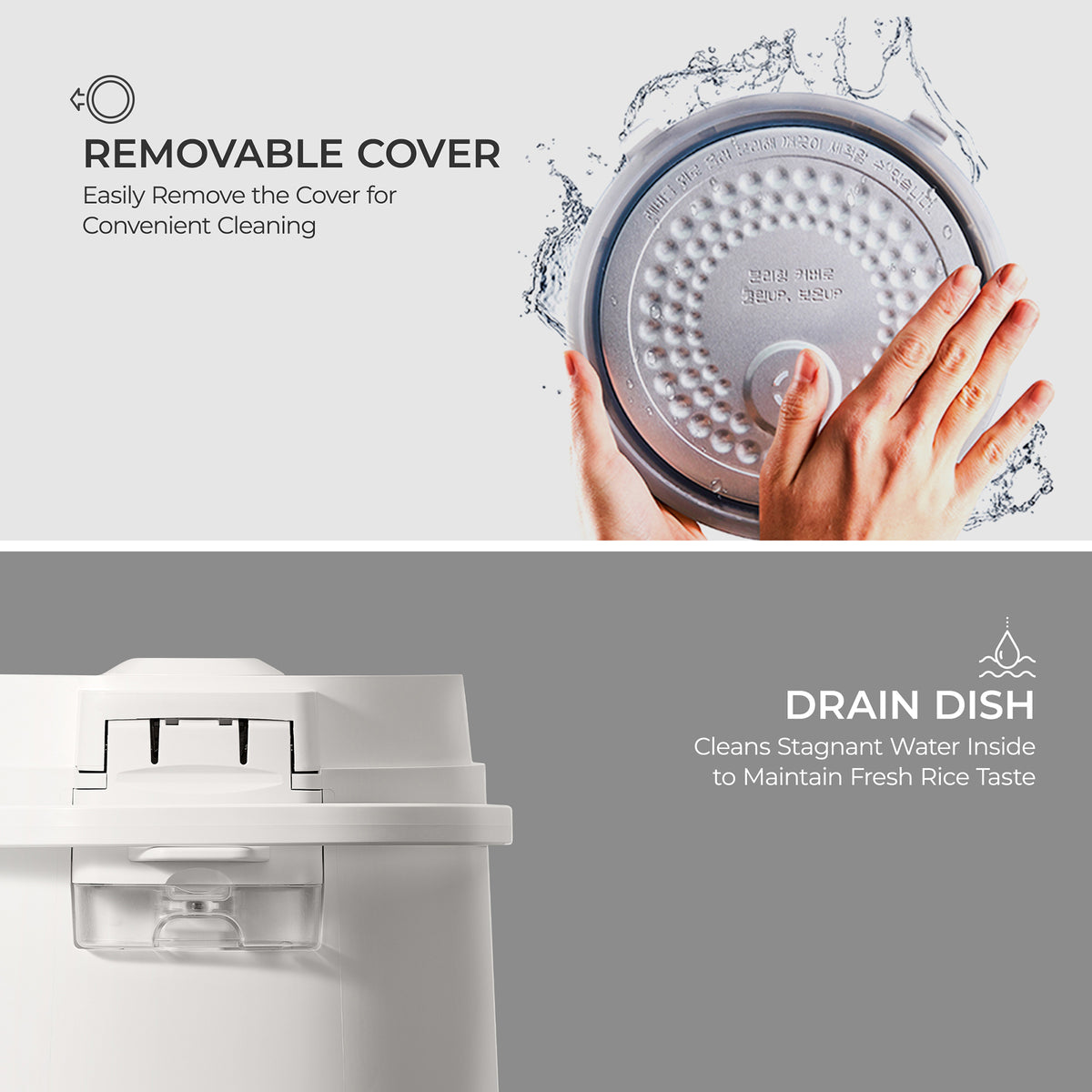 Product with removable cover and drain dish for rice cooker, showing hands holding the cover.