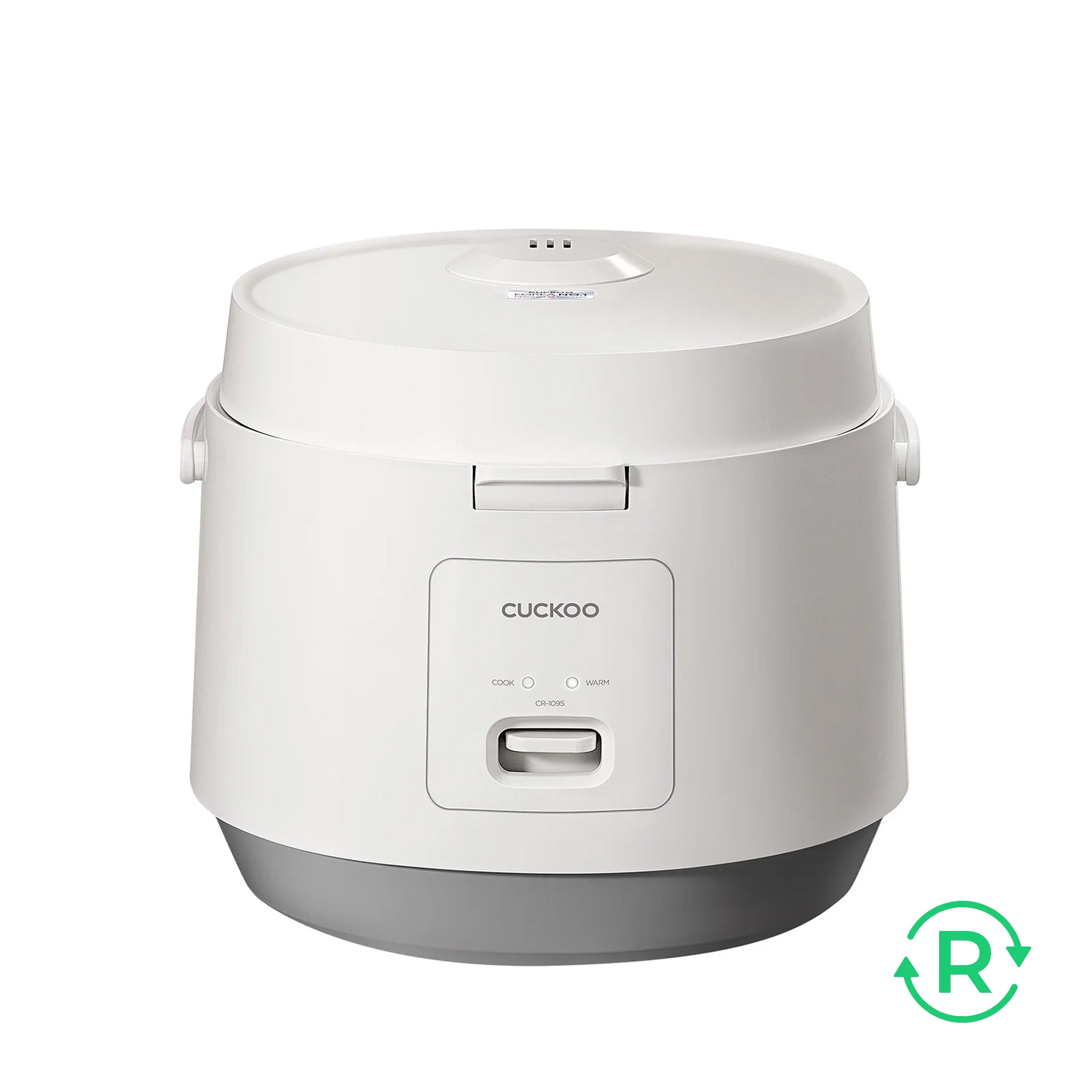 White Cuckoo rice cooker with a grey base and front control panel featuring Cook and Warm indicator lights. (CR-1095)
