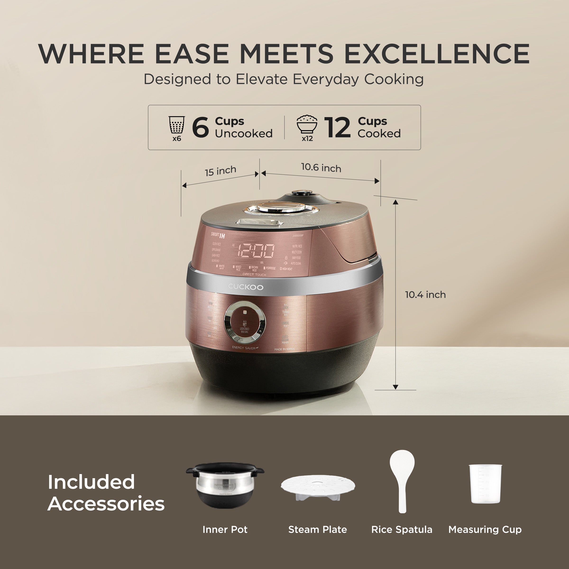 Dimensions: 15 inches deep, 10.6 inches wide, and 10.4 inches high. Text at the top reads, "WHERE EASE MEETS EXCELLENCE," and highlights a capacity of 6 cups uncooked and 12 cups cooked. The bottom section lists included accessories: Inner Pot, Steam Plate, Rice Spatula, and Measuring Cup.