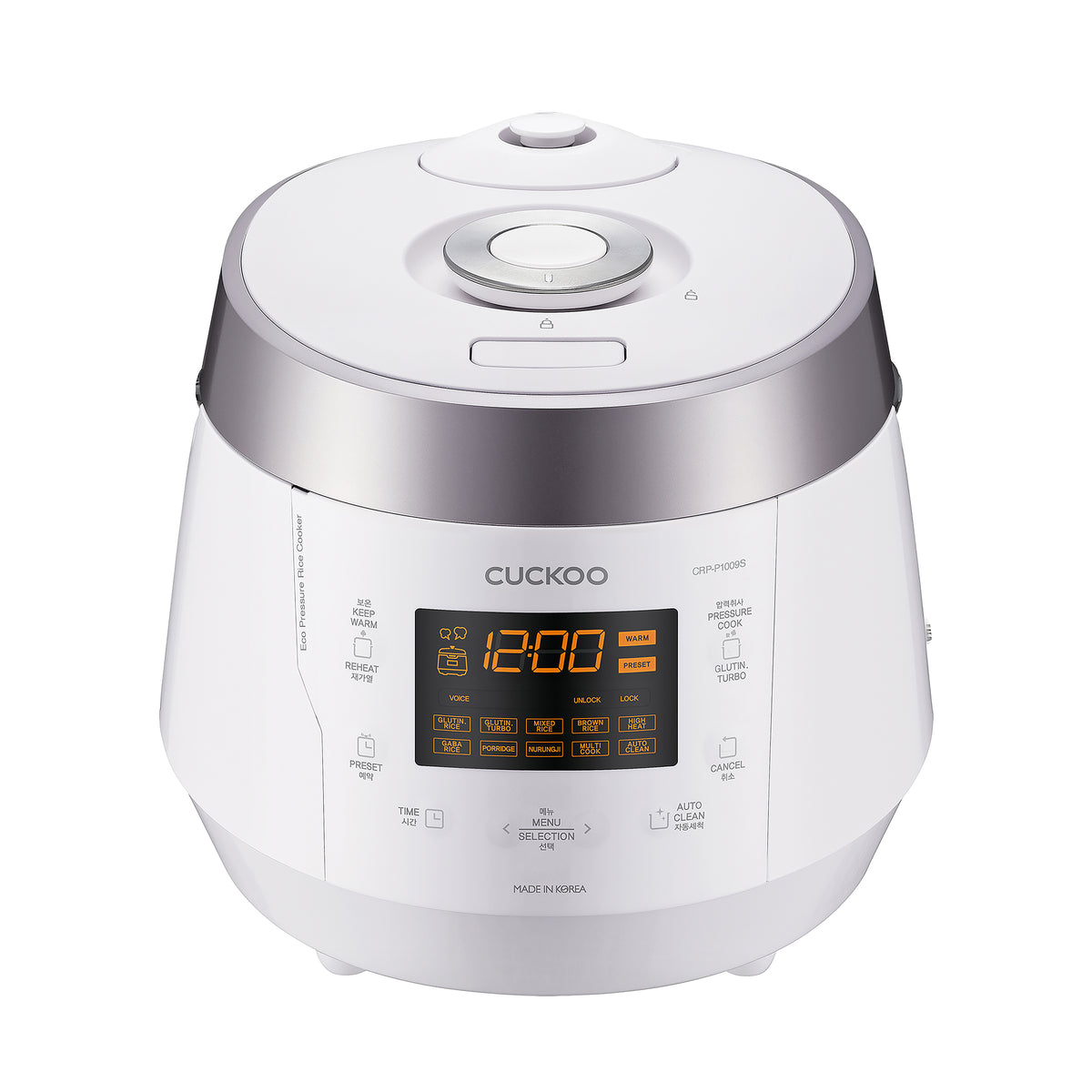 White CUCKOO rice cooker with a digital display and touch control panel, presented in a clean, modern design. (CRP-P1009S)