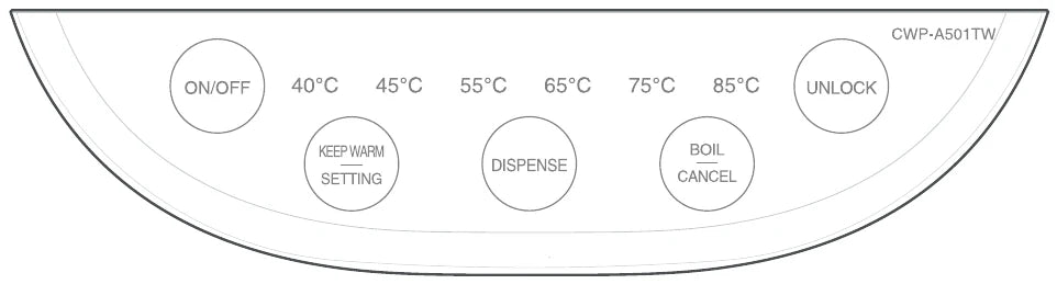 ์กฐ์๋ถ โ ON/OFF, ์จ๋ ํ์๋ฑ, UNLOCK, KEEP WARM/SETTING, DISPENSE, BOIL/CANCEL ๋ฒํผ