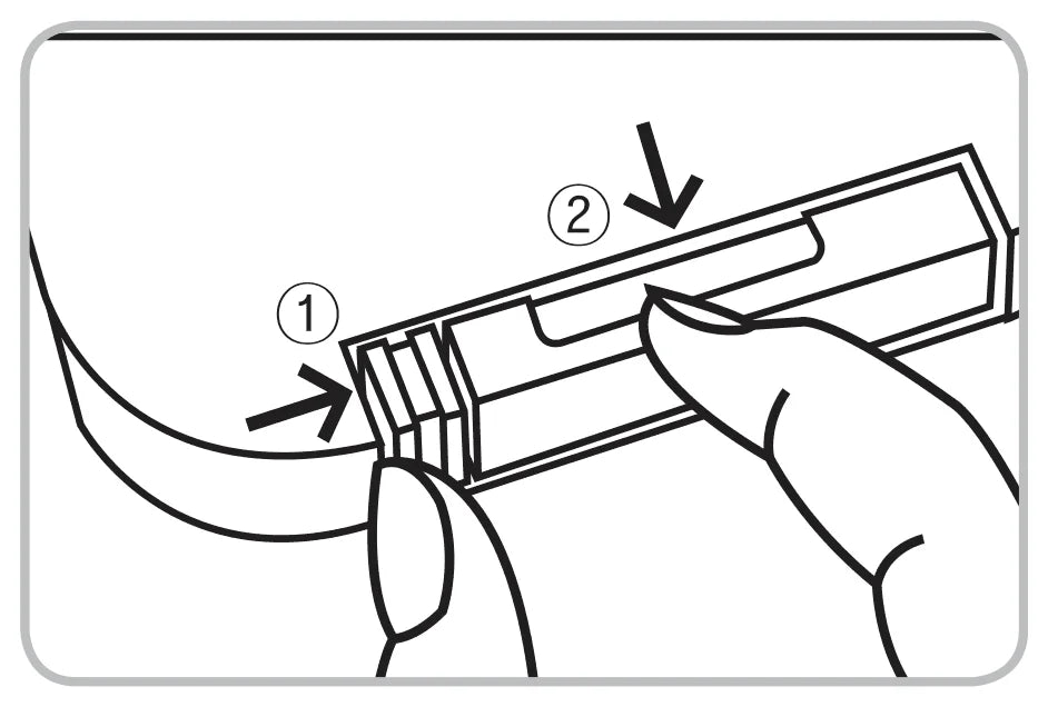 Illustration of opening the battery cover on the back of the remote control. One hand holds the remote while a thick arrow labelled โ points right, showing the direction to push the end of the cover. A second thick arrow labelled โก points downward, showing the direction in which the other thumb pulls the released cover away. The cover slides open to expose the battery compartment inside.