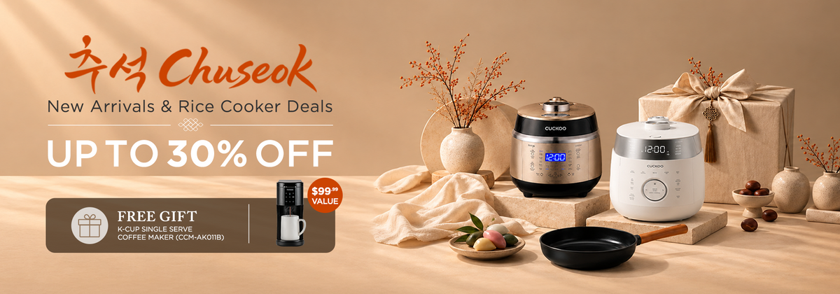 Promotional banner for Chuseok New Arrivals and Rice Cooker Deals, showing two rice cookers and fry pan. Free Gift $99.99 3-in-1 K-Cup Single Serve Coffee Maker (CCM-AK011B) 