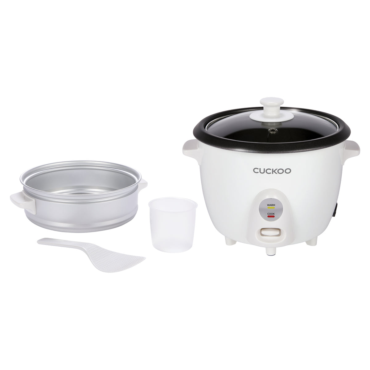 White Cuckoo rice cooker shown with its accessories on a white background, including steam tray, a white plastic measuring cup, and a white spatula (CR-0301CB).