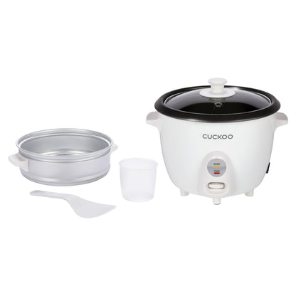 White Cuckoo rice cooker shown with its accessories on a white background, including steam tray, a white plastic measuring cup, and a white spatula (CR-0301CB).
