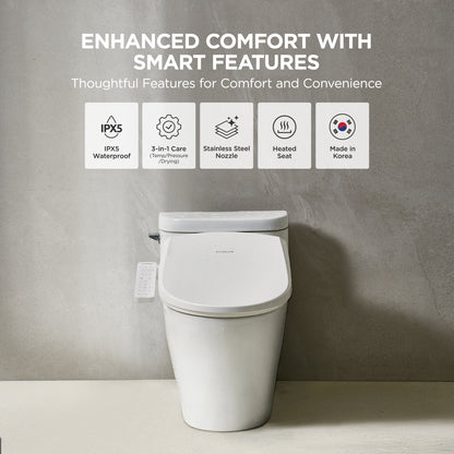 A white smart toilet shown against a textured gray wall with promotional text above, including feature icons for IPX5 waterproofing, 3-in-1 care, stainless steel nozzle, heated seat, and Made in Korea.