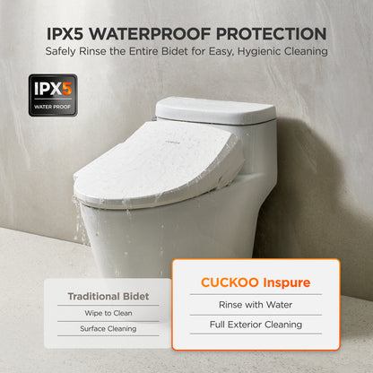 A white Cuckoo Inspure IPX5 waterproof bidet toilet seat and lid shown installed on a white toilet in a bathroom setting, with text overlays explaining IPX5 waterproof protection and a comparison with traditional bidet cleaning.