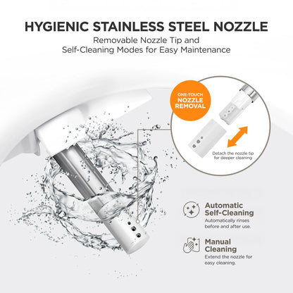 A promotional product graphic for a stainless steel water filter nozzle. The image features a white and silver nozzle with a dramatic splash of water, accompanied by text highlighting its 'Hygienic Stainless Steel Nozzle' features, including a removable tip and self-cleaning modes.