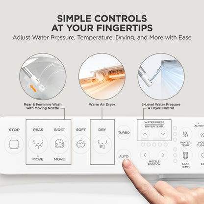 A close-up of a hand pressing buttons on a compact dryer control panel, with explanatory text and circular callouts above showing features like rear and bidet wash, warm air drying, and water pressure and dryer control.