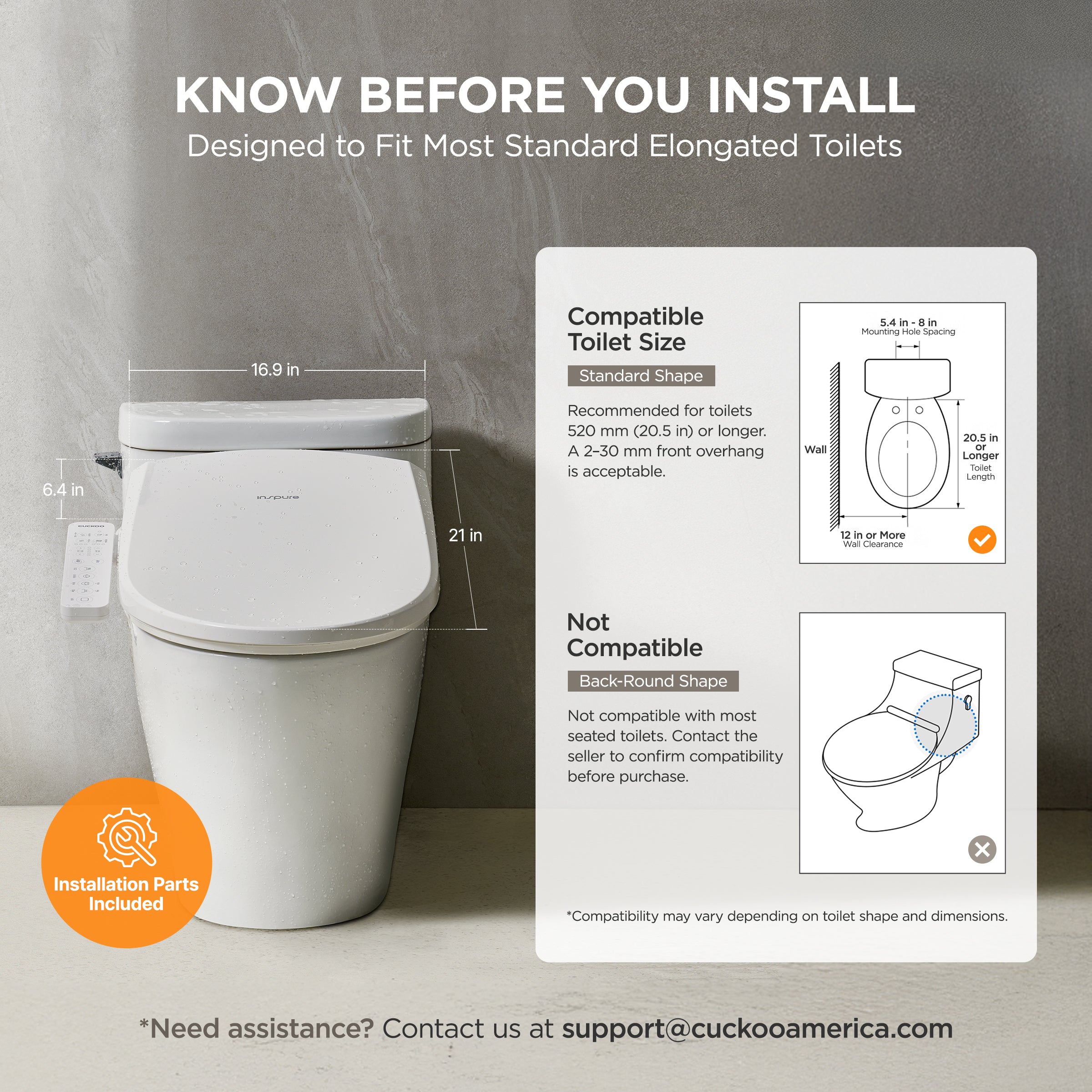 A white toilet with a remote control shown on a gray wall background, alongside informational text and diagrams about compatible toilet size and background shape. The image includes text stating 'KNOW BEFORE YOU INSTALL' and 'Designed to Fit Most Standard Elongated Toilets.