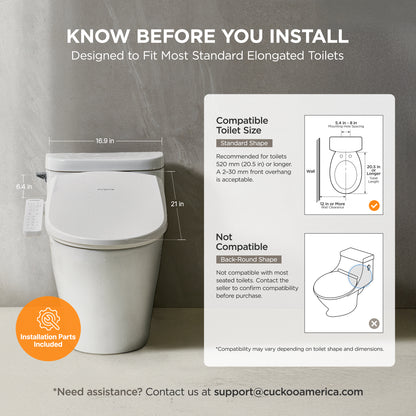 A white toilet with a remote control shown on a gray wall background, alongside informational text and diagrams about compatible toilet size and background shape. The image includes text stating 'KNOW BEFORE YOU INSTALL' and 'Designed to Fit Most Standard Elongated Toilets.