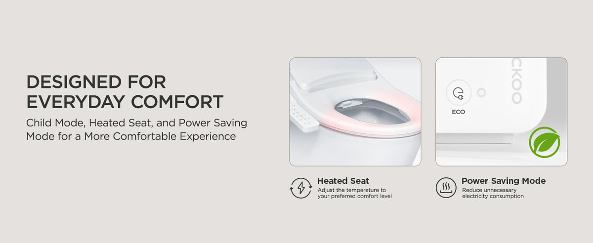 The text on the left reads “DESIGNED FOR EVERYDAY COMFORT” and highlights Child Mode, Heated Seat, and Power Saving Mode.
The right panel shows two inset product views: one labeled “Heated Seat,” featuring a pink cushion insert, and the other labeled “Power Saving Mode,” 