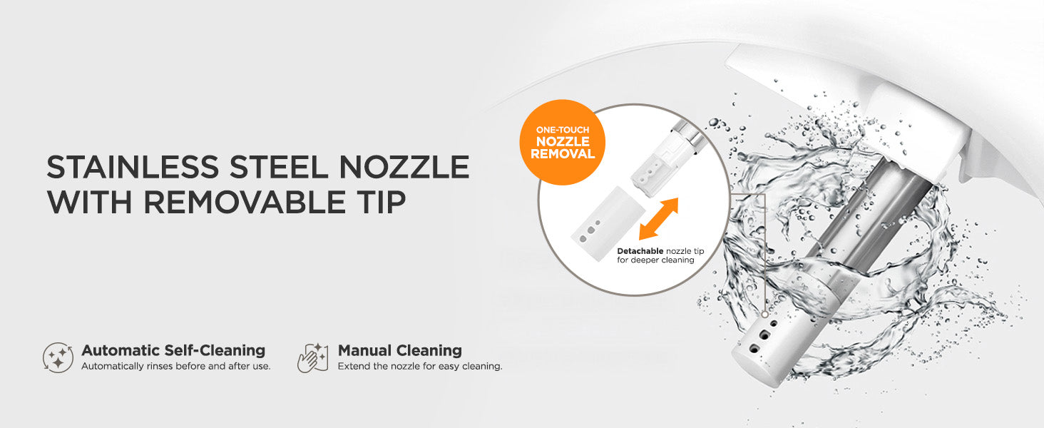 A bidet nozzle graphic for a stainless steel nozzle. The image features a white and silver nozzle with a dramatic splash of water, accompanied by text highlighting its 'Stainless steel nozzle with removable tip' features, including a removable tip and automatic self-cleaning modes.