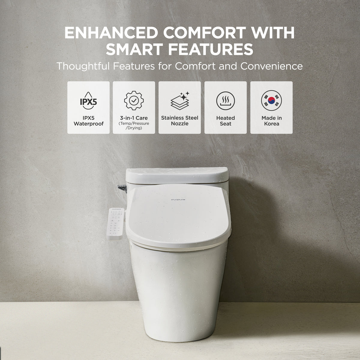 Text at the top reads Enhanced comfort with smart features including feature icons for IPX5 waterproofing, 3-in-1 care, stainless steel nozzle, heated seat, and Made in Korea.
