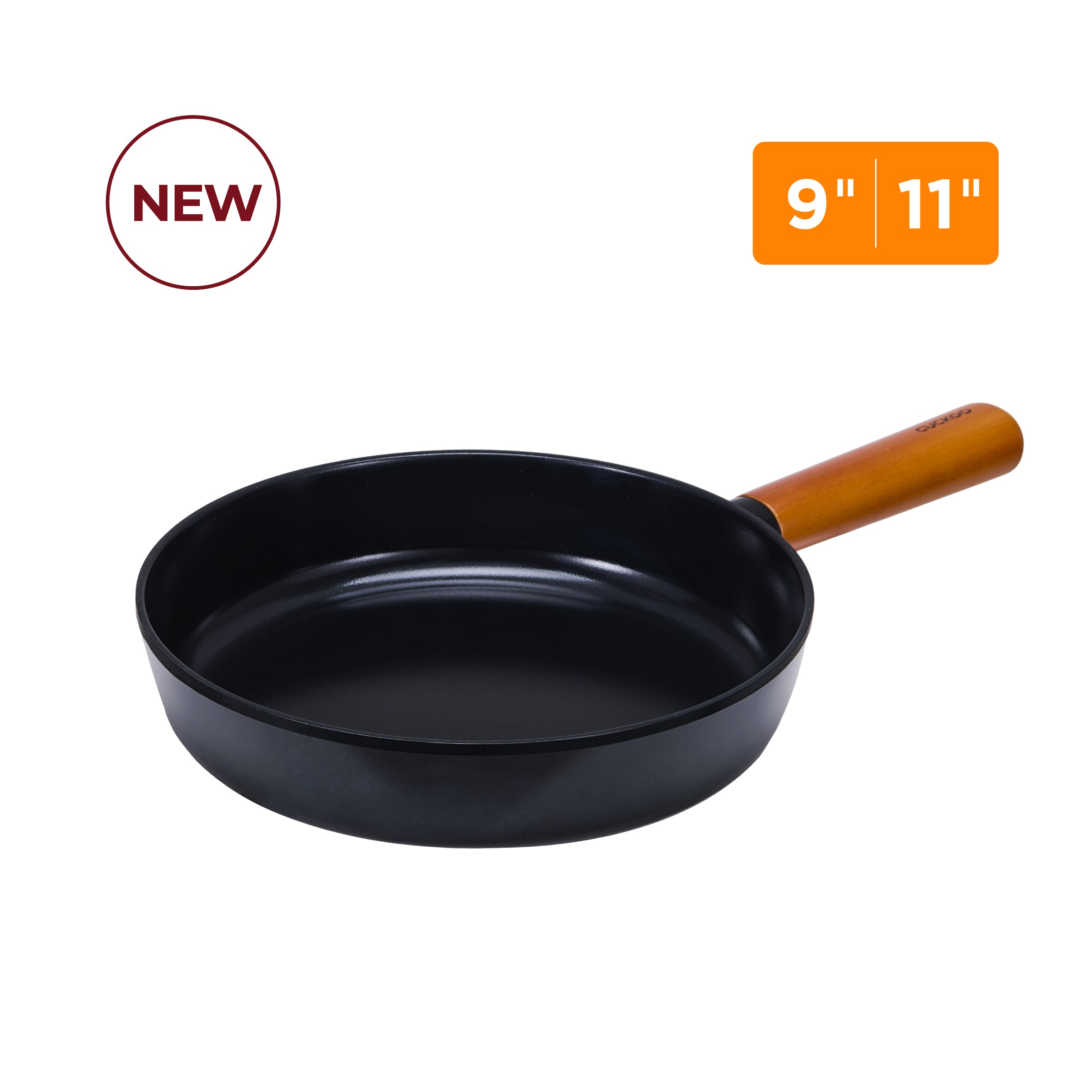 A black ceramic-coated frying pan with a light brown wooden handle, displayed against a clean white background. The image includes NEW and  9-inch and 11-inch size badges.