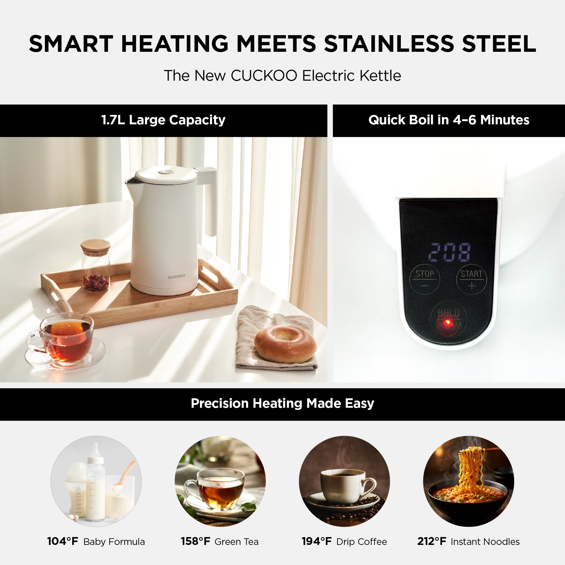 Electric Kettle 1.7L with Stainless Steel Interior, Cordless Design & Keep-Warm Function, Ideal for Tea, Coffee, Instant Meals & More (CK-C170TB/CK-C170TW)