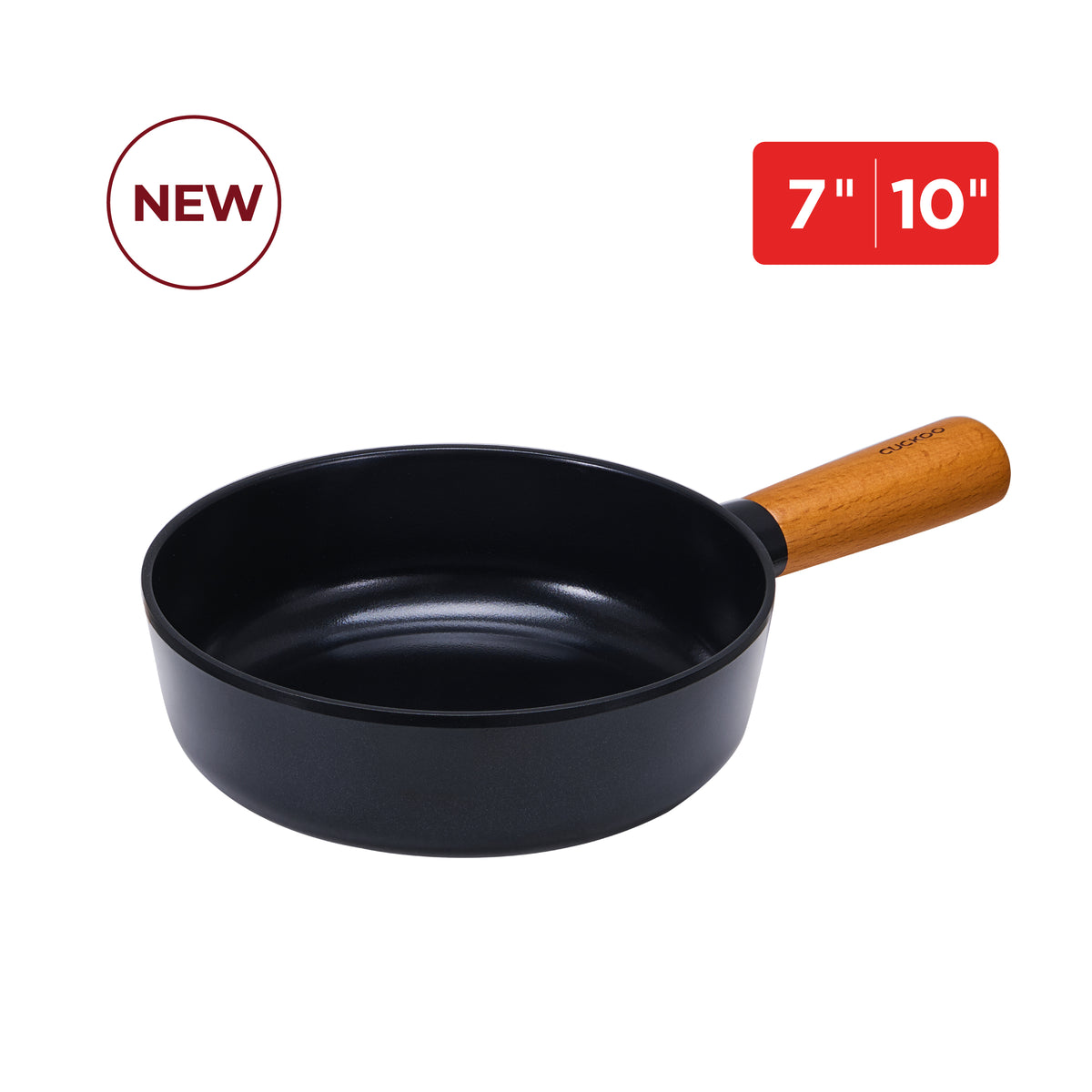 A black ceramic-coated wok pan with a light brown wooden handle, displayed against a clean white background. The image includes NEW and  7-inch and 10-inch size badges.