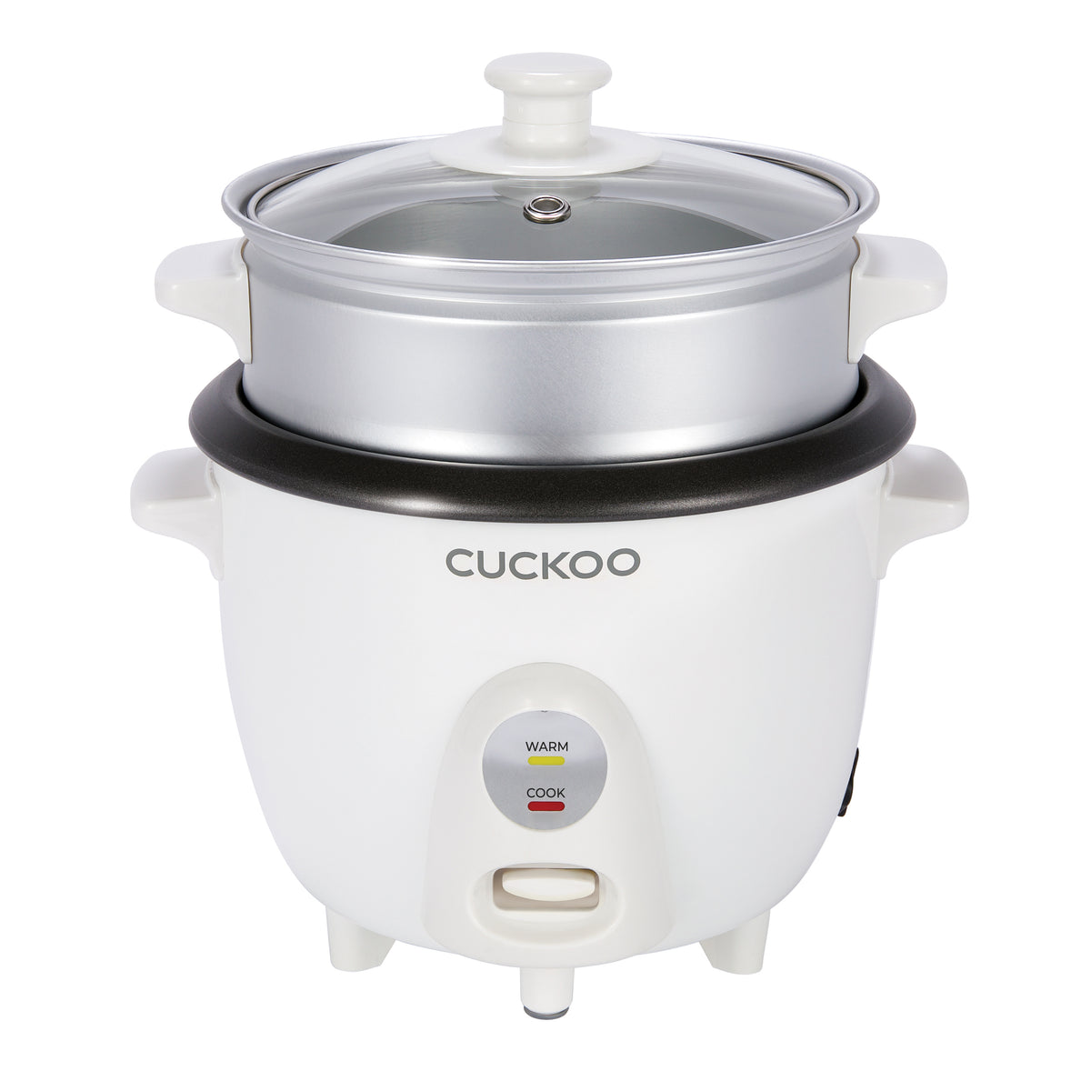 A Cuckoo rice cooker with a white body, a silver steam tray, a black non-stick inner pot rim, and a clear glass lid with a white handle, shown on a solid white background (CR-0301C).