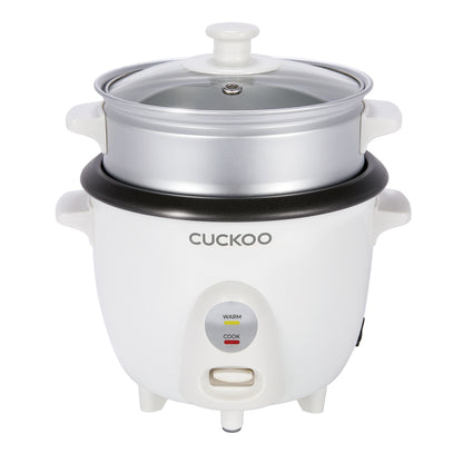 A Cuckoo rice cooker with a white body, a silver steam tray, a black non-stick inner pot rim, and a clear glass lid with a white handle, shown on a solid white background (CR-0301C).