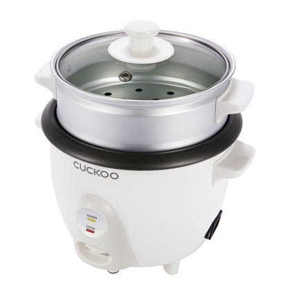 Front-left side image of a Cuckoo rice cooker with a white body, a silver steam tray, a black non-stick inner pot rim, and a clear glass lid with a white handle, shown on a solid white background. The power cord socket is located on the lower left side of the rice cooker (CR-0301C).