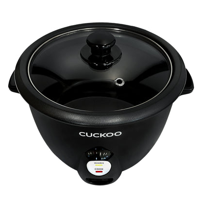 Front-high image of the rice cooker with the glass lid attached.