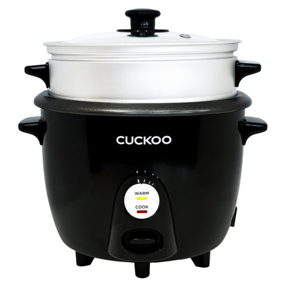 A Cuckoo rice cooker with a black body, a silver steam tray, a black non-stick inner pot rim, and a clear glass lid with a white handle, shown on a solid white background (CR-0301CB).