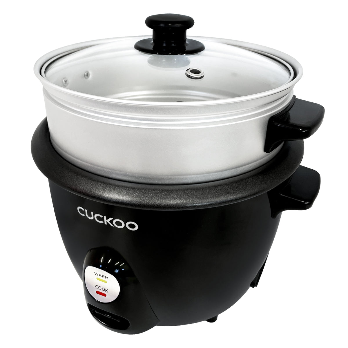 Front-left side image of a Cuckoo rice cooker with a black body, a silver steam tray, a black non-stick inner pot rim, and a clear glass lid with a white handle, shown on a solid white background. The power cord socket is located on the lower left side of the rice cooker (CR-0301CB).