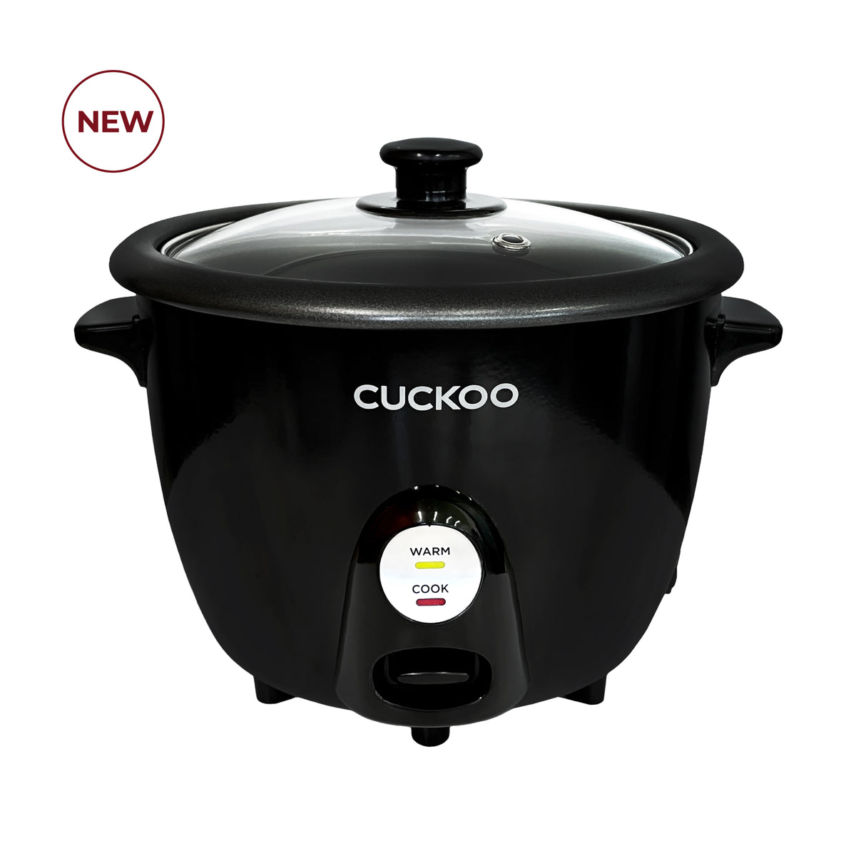 Cuckoo black rice cooker with a glass lid, featuring a simple one-touch control switch with Warm and Cook indicators. (CR-0301C)