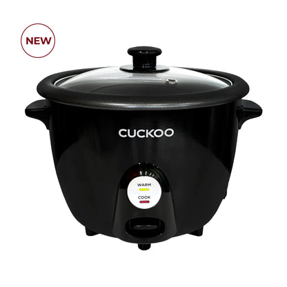 Cuckoo black rice cooker with a glass lid, featuring a simple one-touch control switch with Warm and Cook indicators. (CR-0301C)