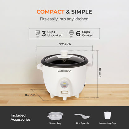 Cuckoo rice cooker with a 3-cup uncooked / 6-cup cooked capacity, with dimensions shown (9.75" × 10" × 8.5"). Includes icons for the steam tray, rice spatula, and measuring cup. (CR-0301C)