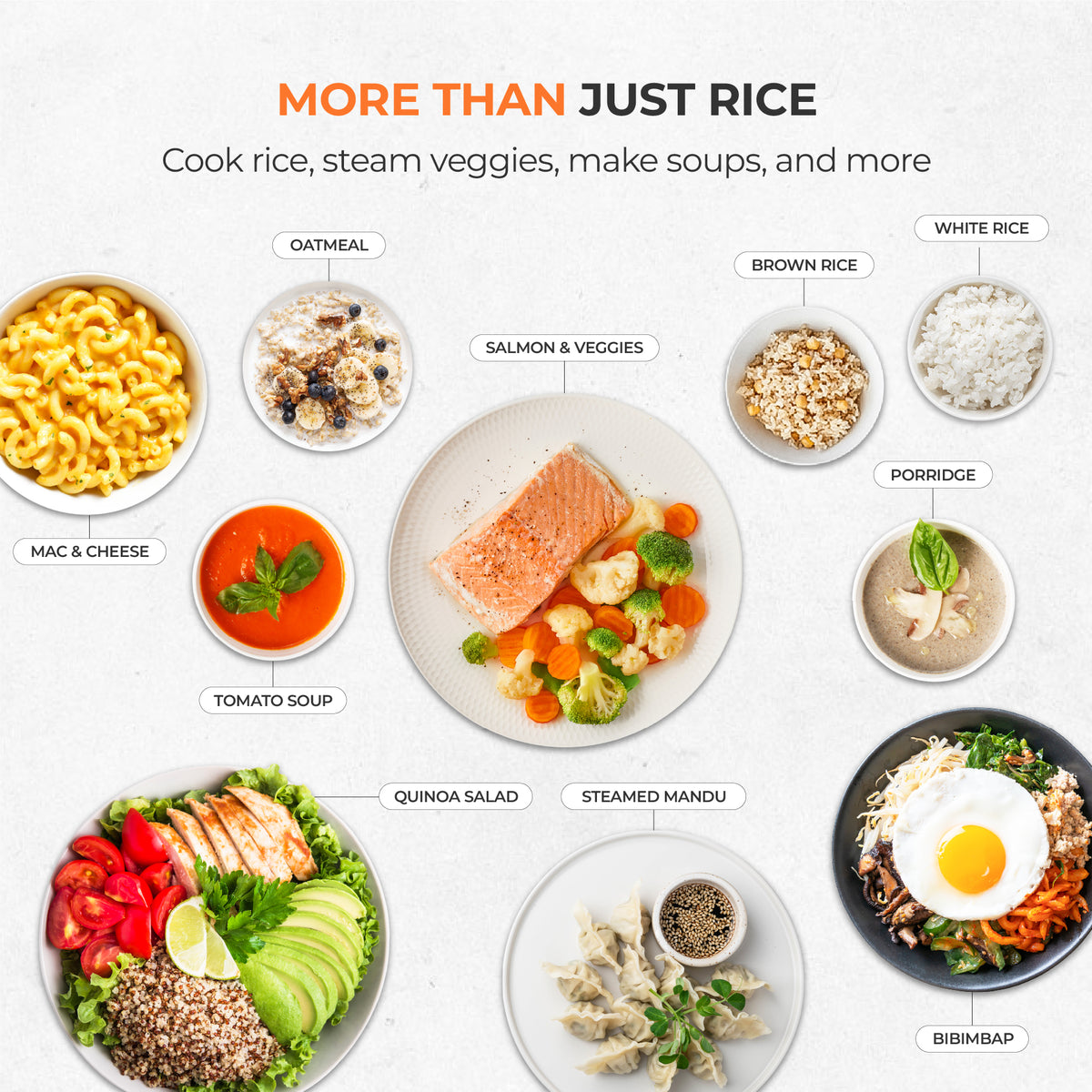 More than just rice. Capable of cooking Mac&Cheese, oatmeal, steamed veggies,  dumplings, and more. 