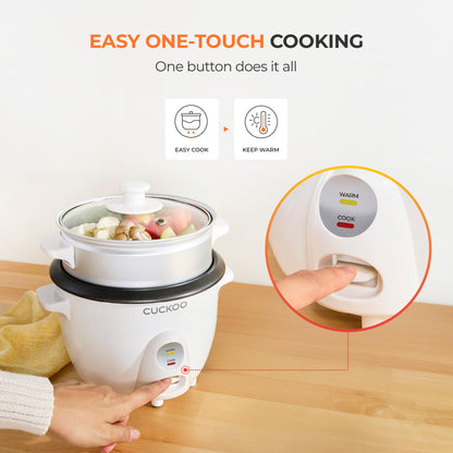 Cuckoo rice cooker highlighting One-Touch Cooking for Easy Cook and Keep Warm functions, featuring an included steam tray. (CR-0301C)