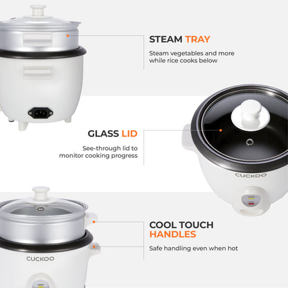 Cuckoo rice cooker features: steam tray for simultaneous cooking, clear glass lid, and safe cool-touch handles for easy use. (CR-0301C)