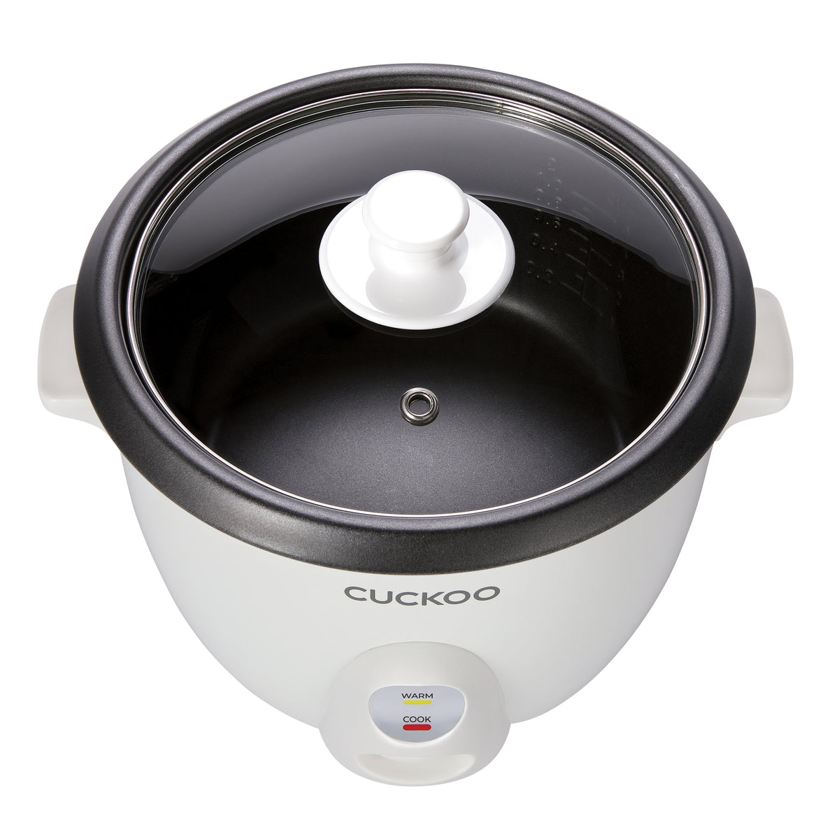 Front-high image of the rice cooker with the glass lid attached (CR-0601C).