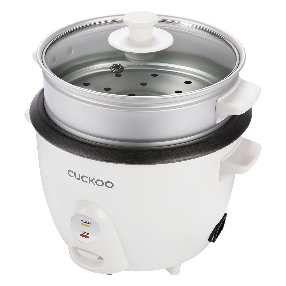 Front-left side image of a Cuckoo rice cooker with a white body, a silver steam tray, a black non-stick inner pot rim, and a clear glass lid with a white handle, shown on a solid white background. The power cord socket is located on the lower left side of the rice cooker (CR-0601C).