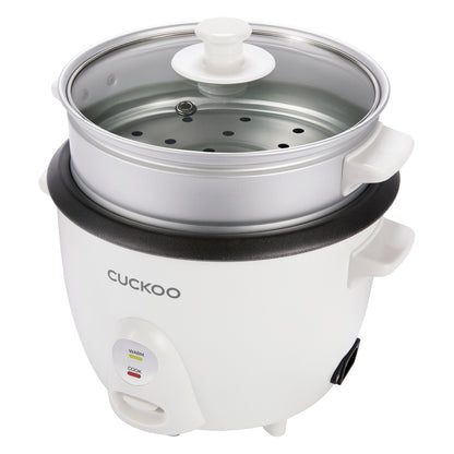 Front-left side image of a Cuckoo rice cooker with a white body, a silver steam tray, a black non-stick inner pot rim, and a clear glass lid with a white handle, shown on a solid white background. The power cord socket is located on the lower left side of the rice cooker (CR-0601C).