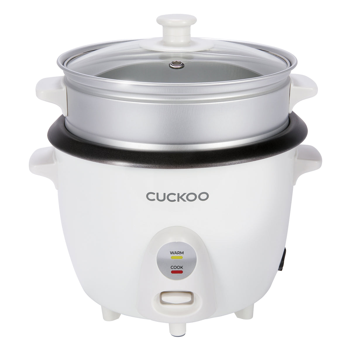 A Cuckoo rice cooker with a white body, a silver steam tray, a black non-stick inner pot rim, and a clear glass lid with a white handle, shown on a solid white background (CR-0601C).